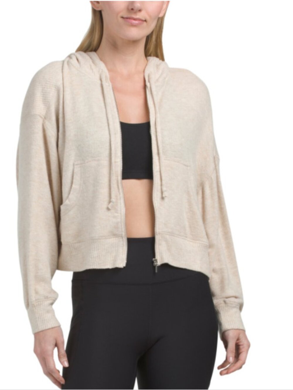 NWT LA BIZ Hoodie Beige Front Zip Closure Cropped Sweater with Pockets